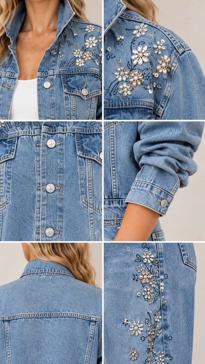 Close-up details of faux pearl and rhinestone floral embellishments, denim buttons, and seam construction