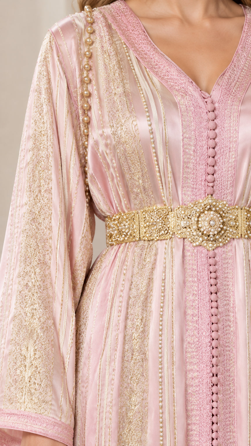Close-up detail of neckline, metallic embroidery, and ornate waist belt on Blush Pink kaftan