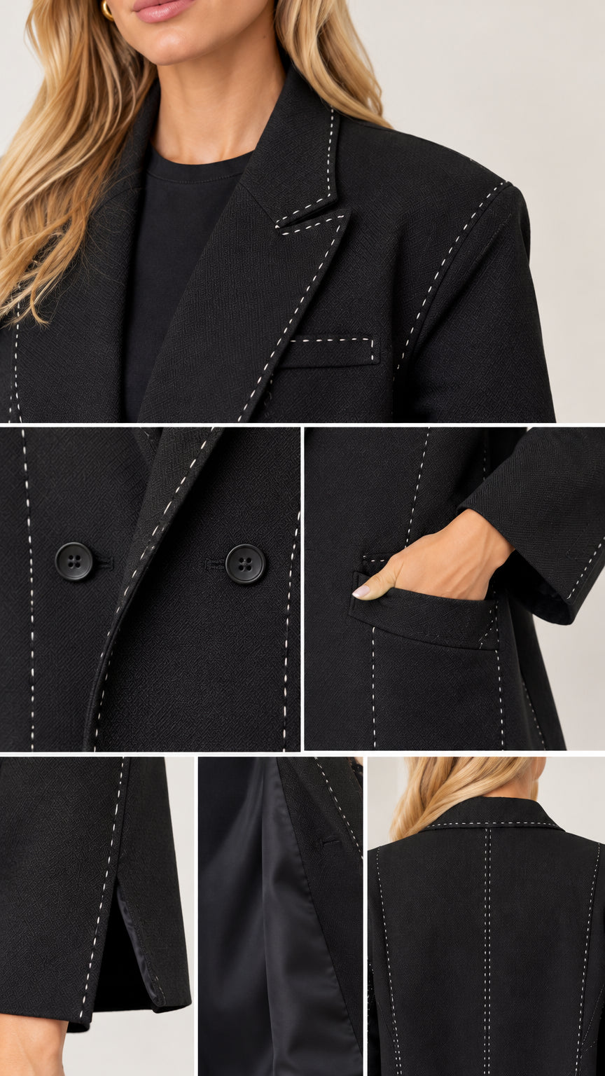 Close-up detail shots of lapel stitching, double-breasted buttons, slit cuff, and lining