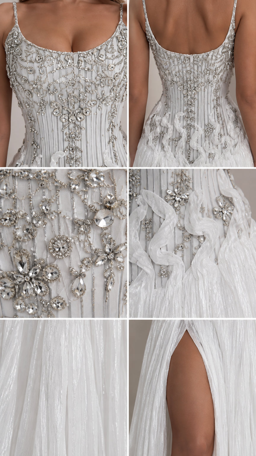 Close-up details of intricate crystal beading, lace applique, and shimmer pleating on white gown
