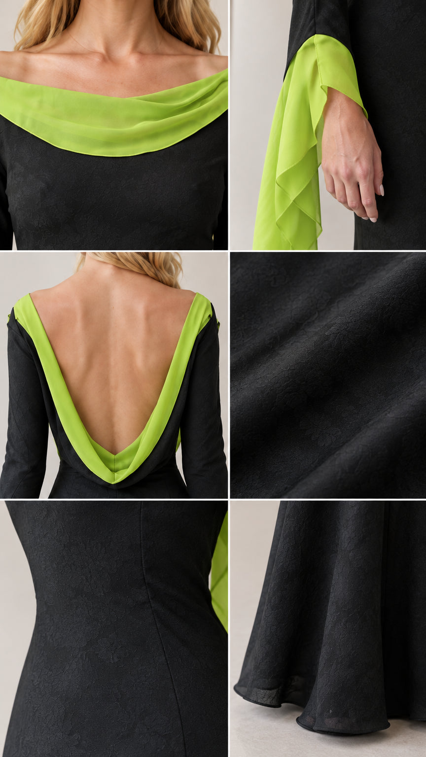 Detailed close-ups of the neckline, sleeve cuff, and fabric texture
