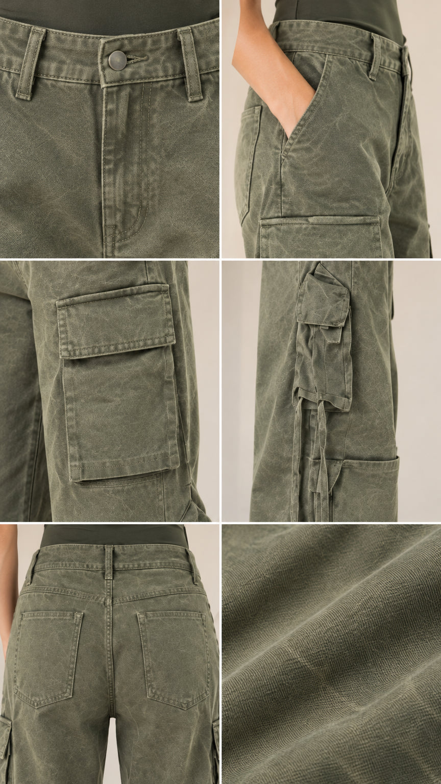 Close-up detail collage showing waistband, front pocket, cargo pocket, and twill fabric texture