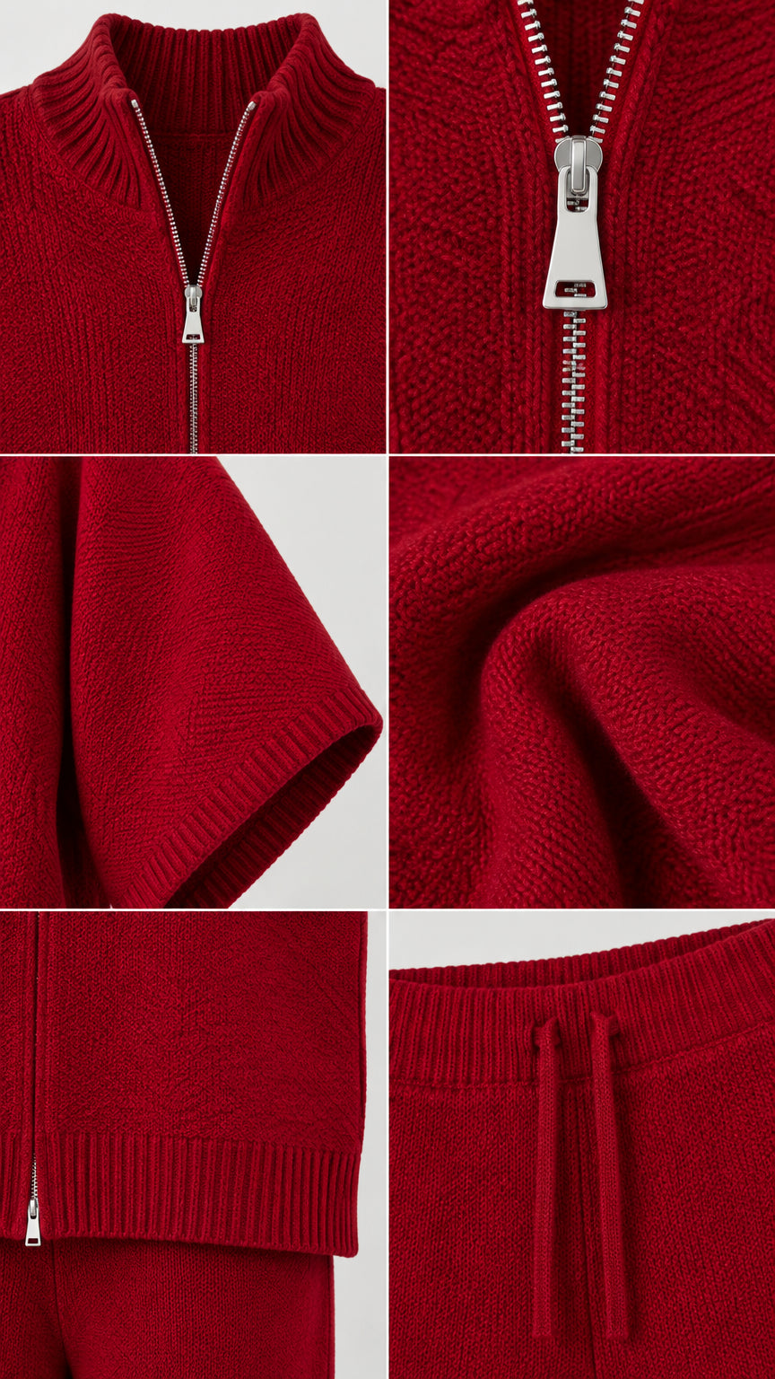 Close-up details of the Red knit cardigan zipper, wide sleeve cuffs, and waistband drawstring