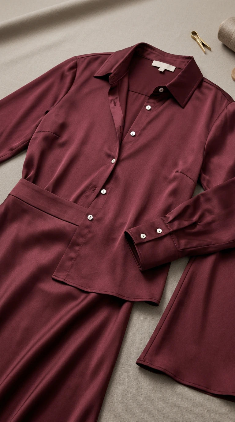 Flat lay close-up of burgundy satin button-down blouse and matching skirt