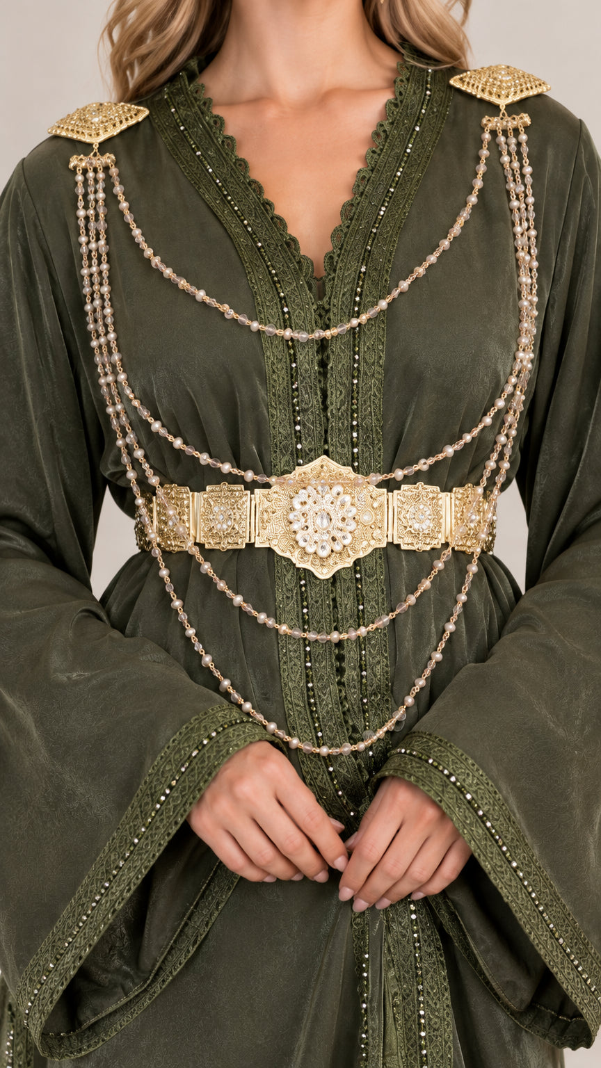 Close-up of intricate gold beading, shoulder epaulets, and ornamental belt on Olive Green kaftan