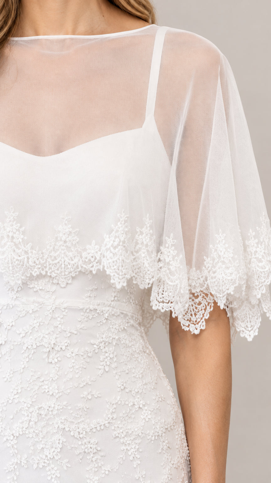 Close-up detail of white lace embroidery and sheer flutter capelet trim