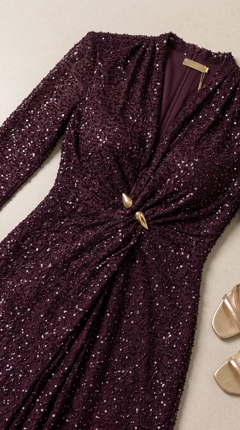 Close-up detail of burgundy sequin fabric, V-neckline, and gold waist hardware