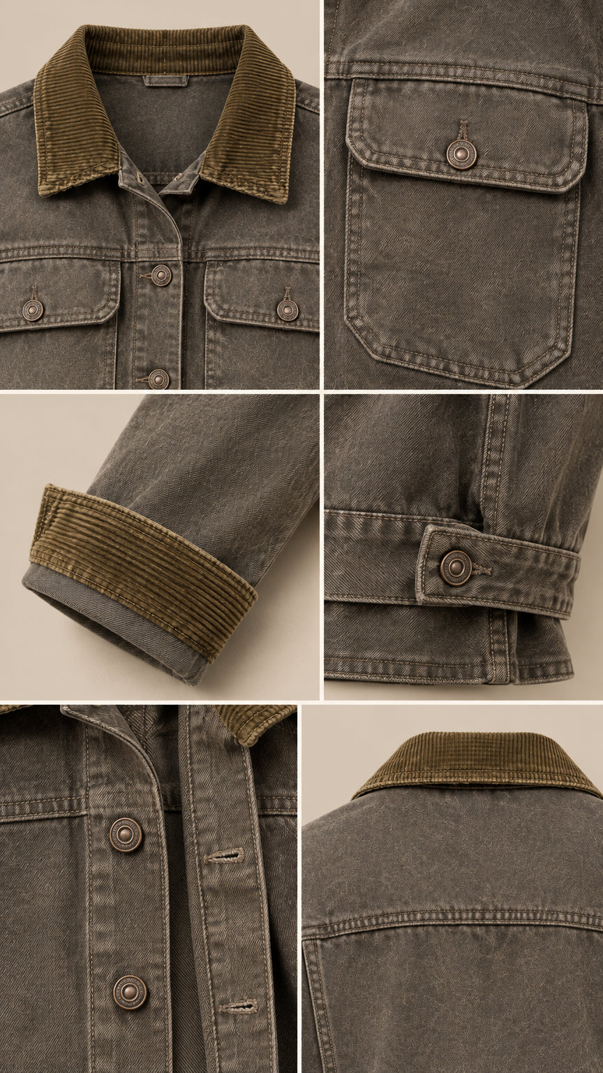 Close-up details of corduroy collar, pocket flaps, and cuff trim