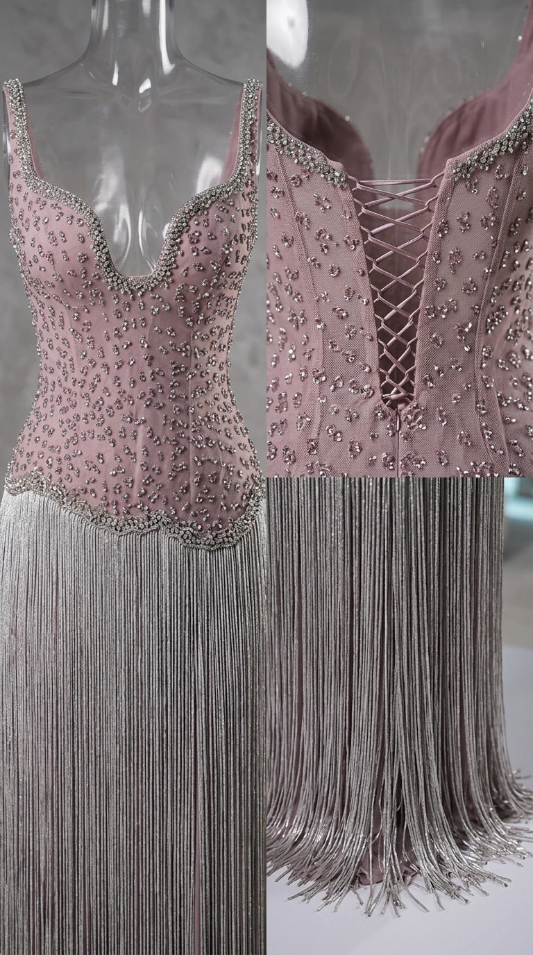 Close-up detail of beaded bodice, lace-up back, and dense fringe trim
