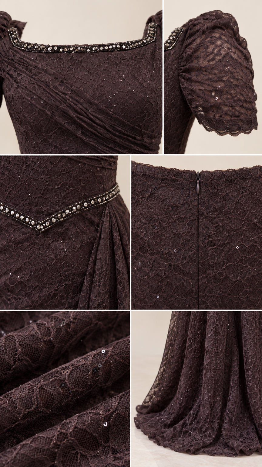 Close-up details of beadwork trim, lace texture, zipper, and hemline finish