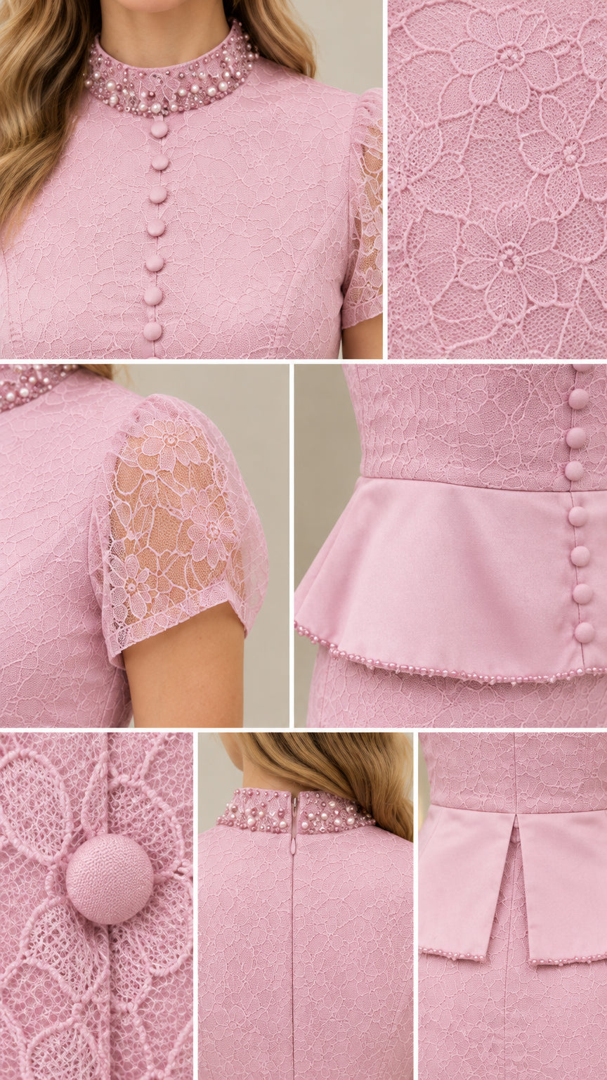 Detailed collage showing beaded collar, lace sleeves, buttons, and peplum hem