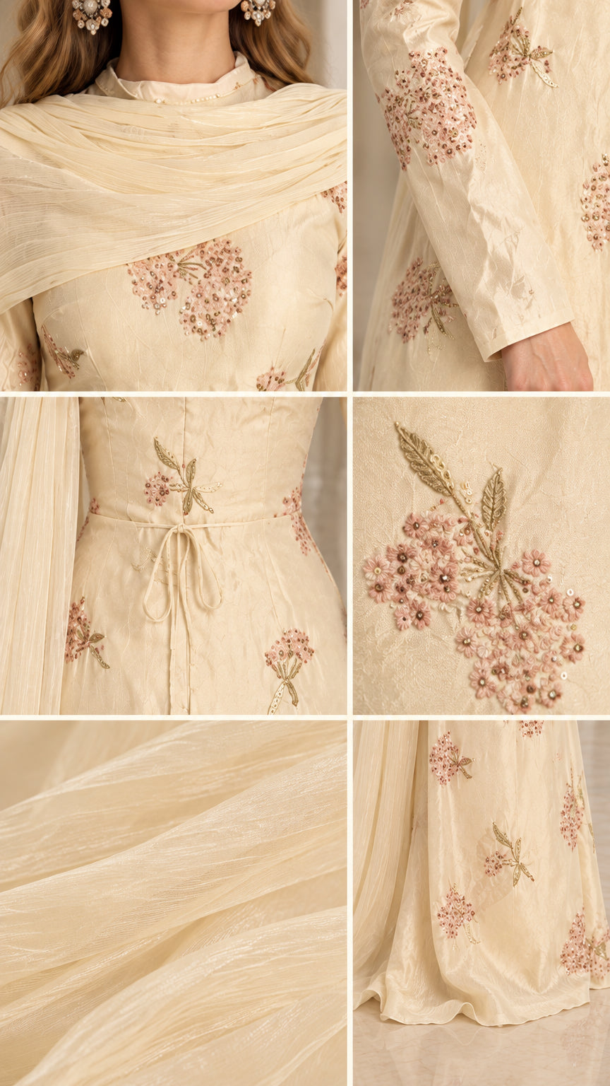 Close up detail shots of neckline, sleeve embroidery, and waist tie