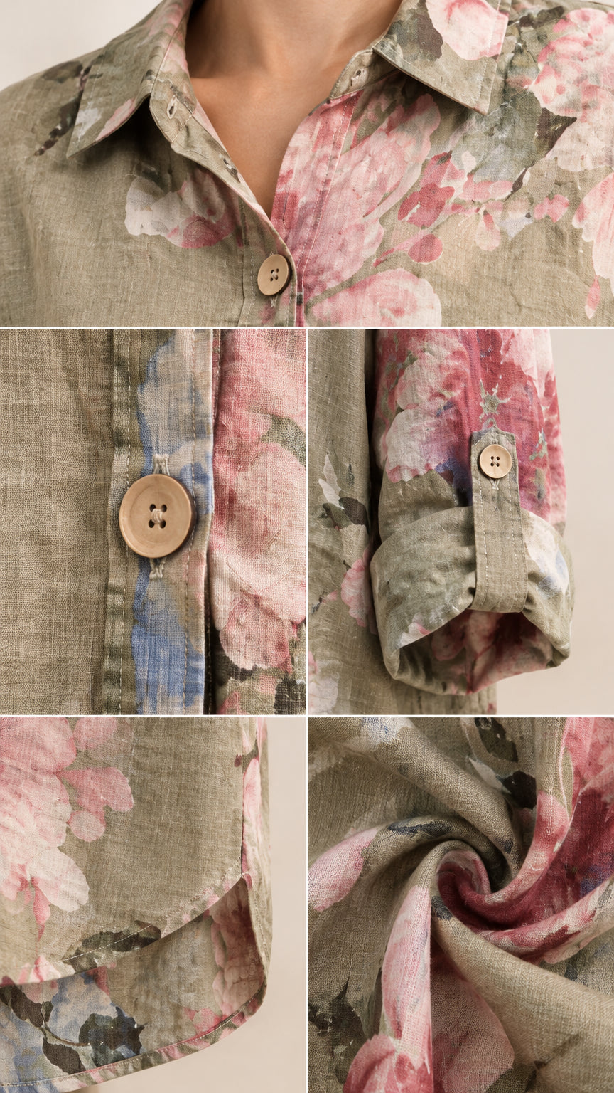 Close-up details of collar, buttons, roll-tab sleeves, and linen texture