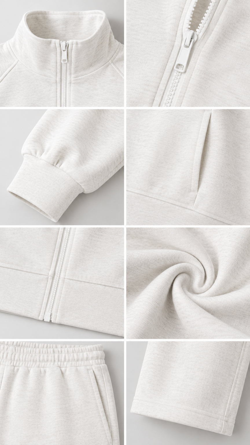 Close-up details of collar zipper, ribbed cuff, pocket, waistband, and soft fabric texture