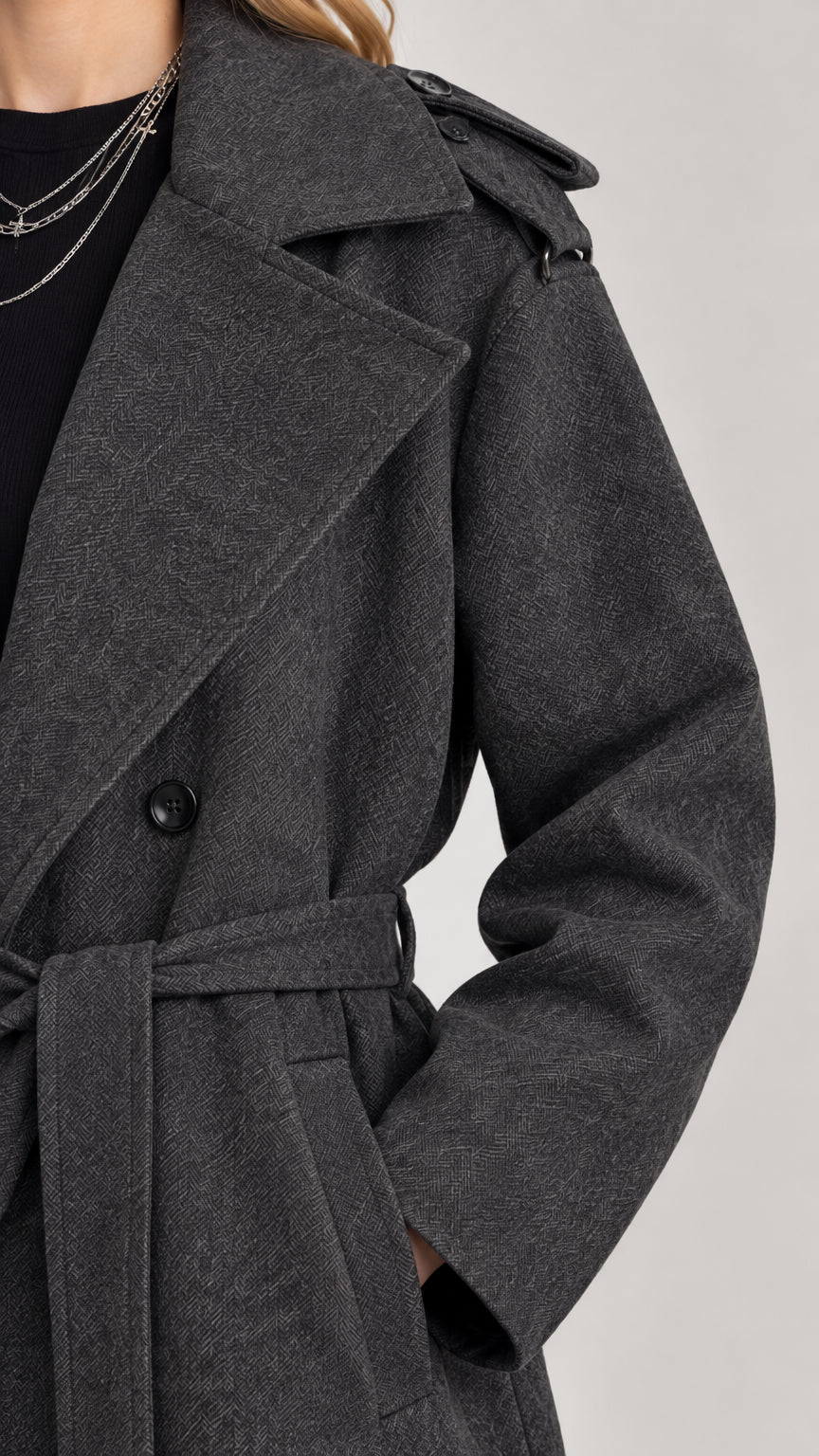 Close-up detail of Charcoal Grey coat showing notch lapel and shoulder tab