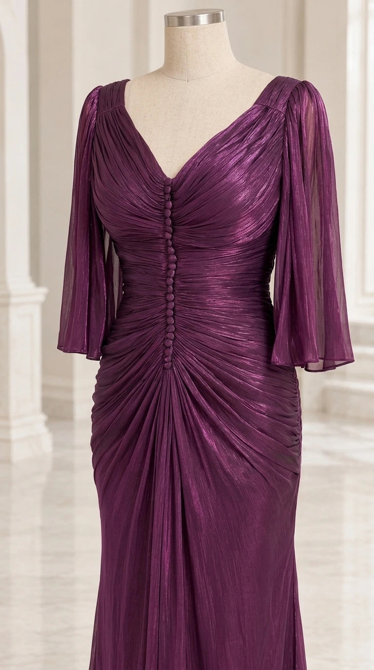 Close-up detail of Plum Purple dress bodice showing V-neck, pleating, and button accents on mannequin