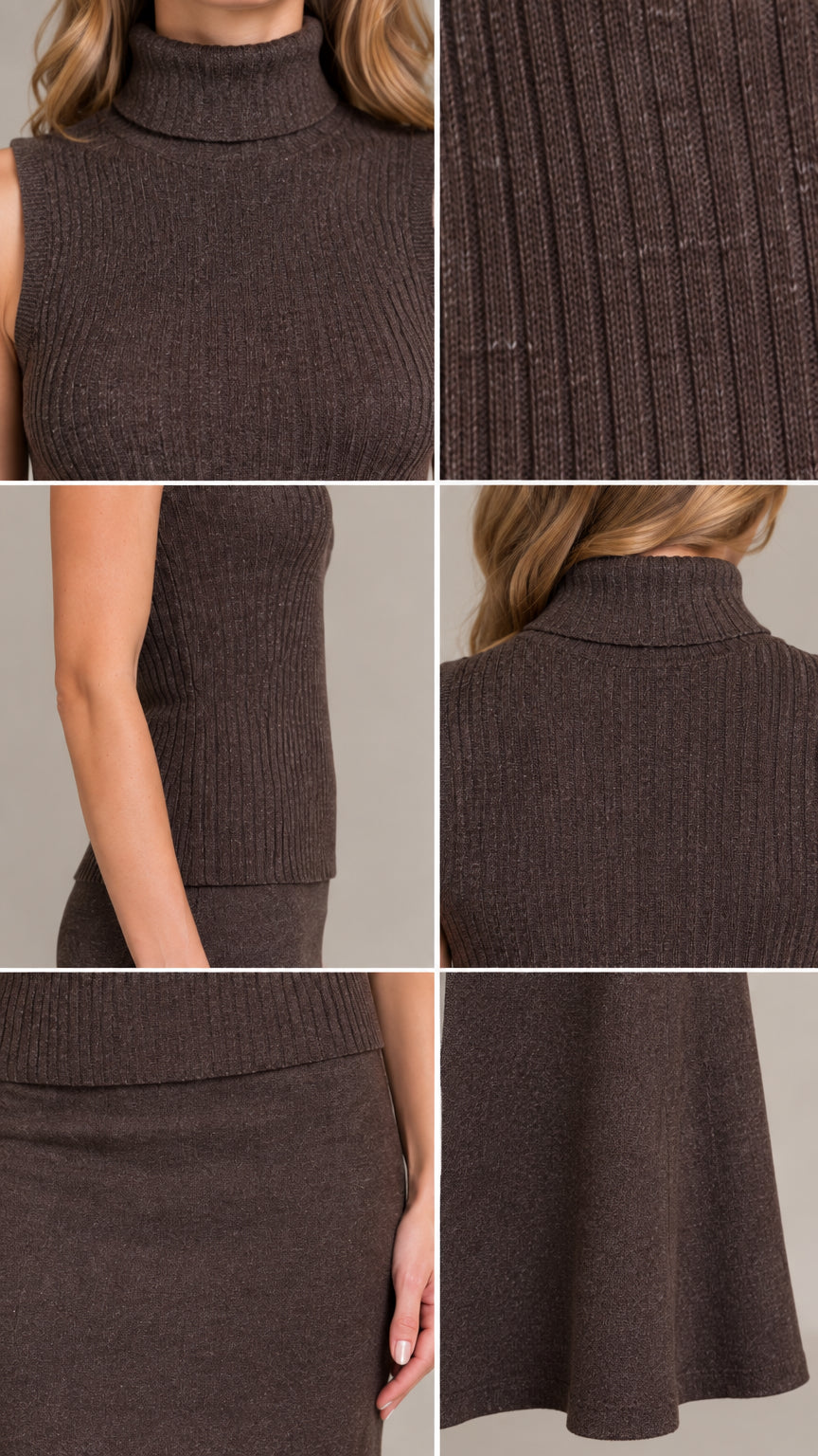 Close-up detail collage showing ribbed knit texture, turtleneck, and skirt hem