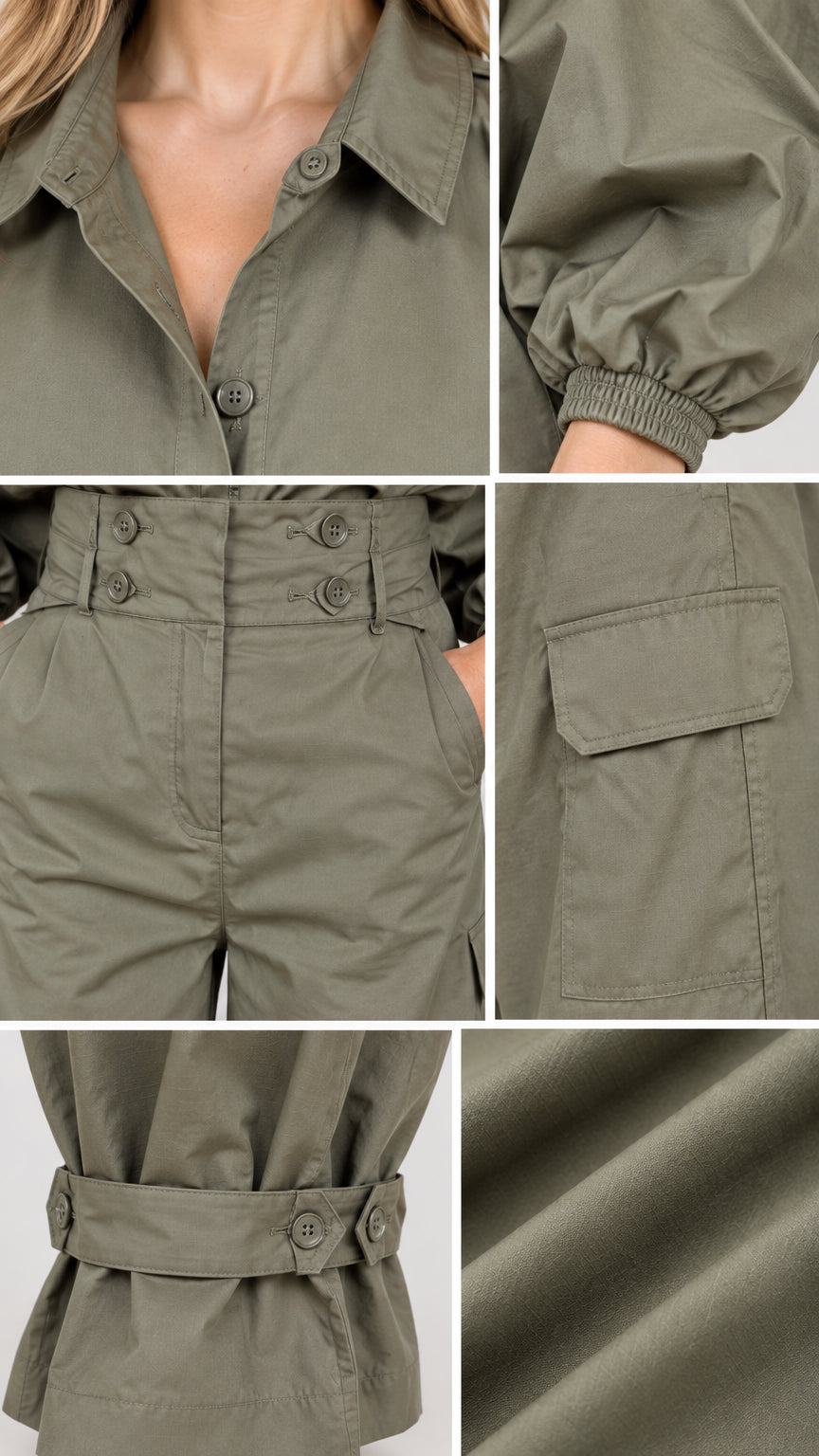 Close-up details of collar, elastic cuff, waistband buttons, cargo pocket, and ankle strap