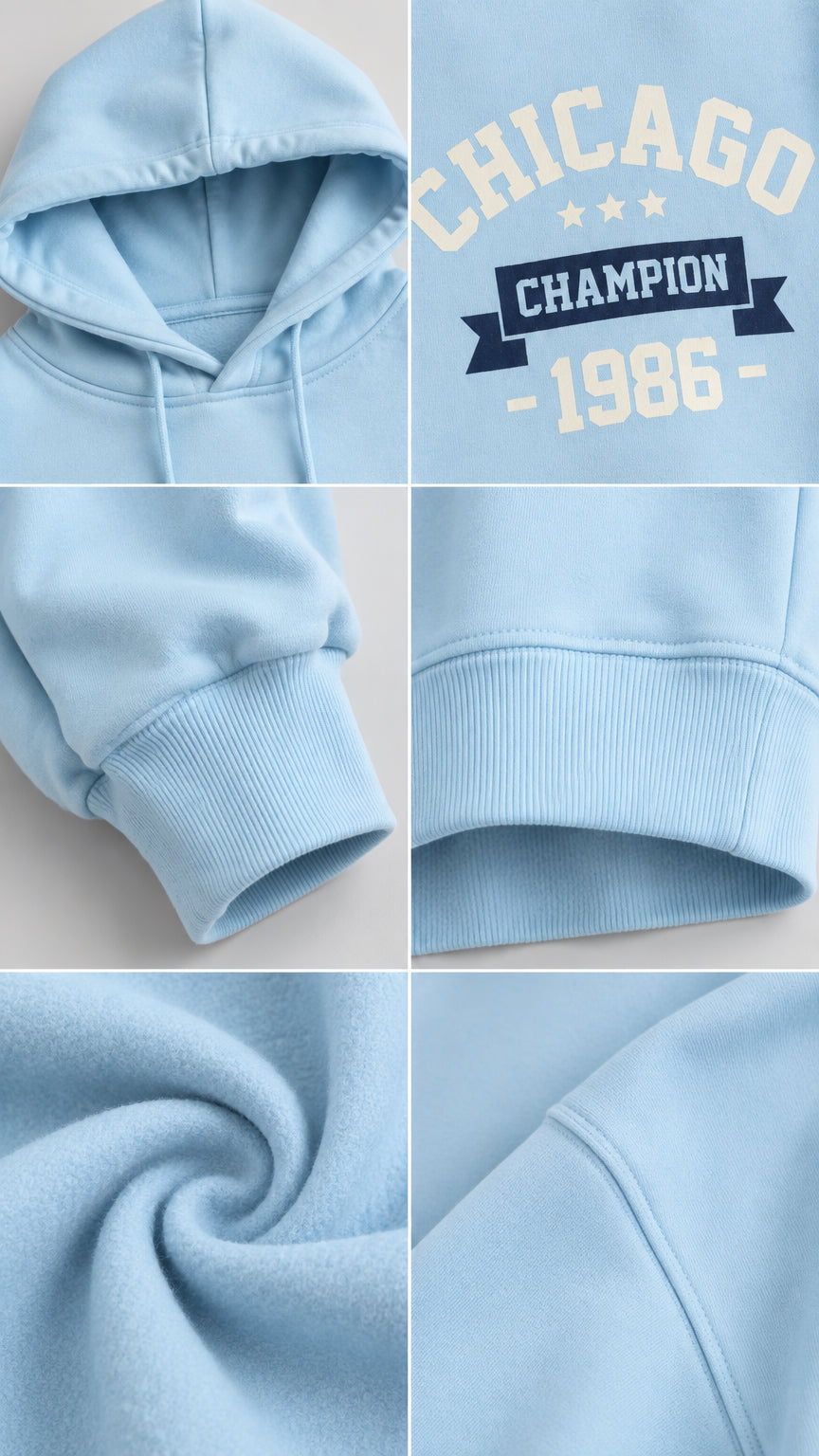 Detailed close-up views of Light Blue hoodie hood, graphic lettering, ribbed cuffs, and soft fabric