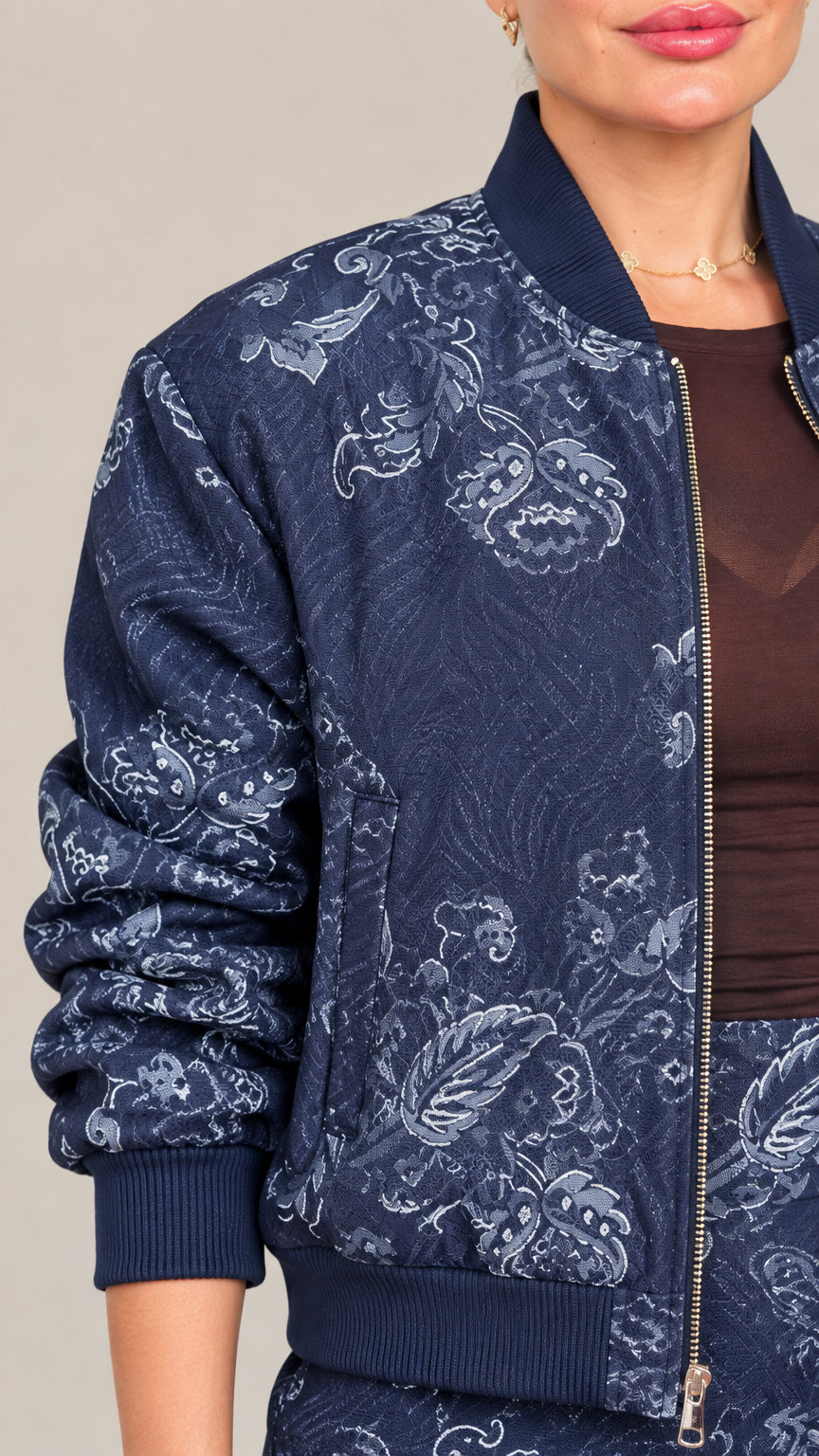 Close-up detail of Navy Blue jacquard texture, zip closure, and ribbed collar