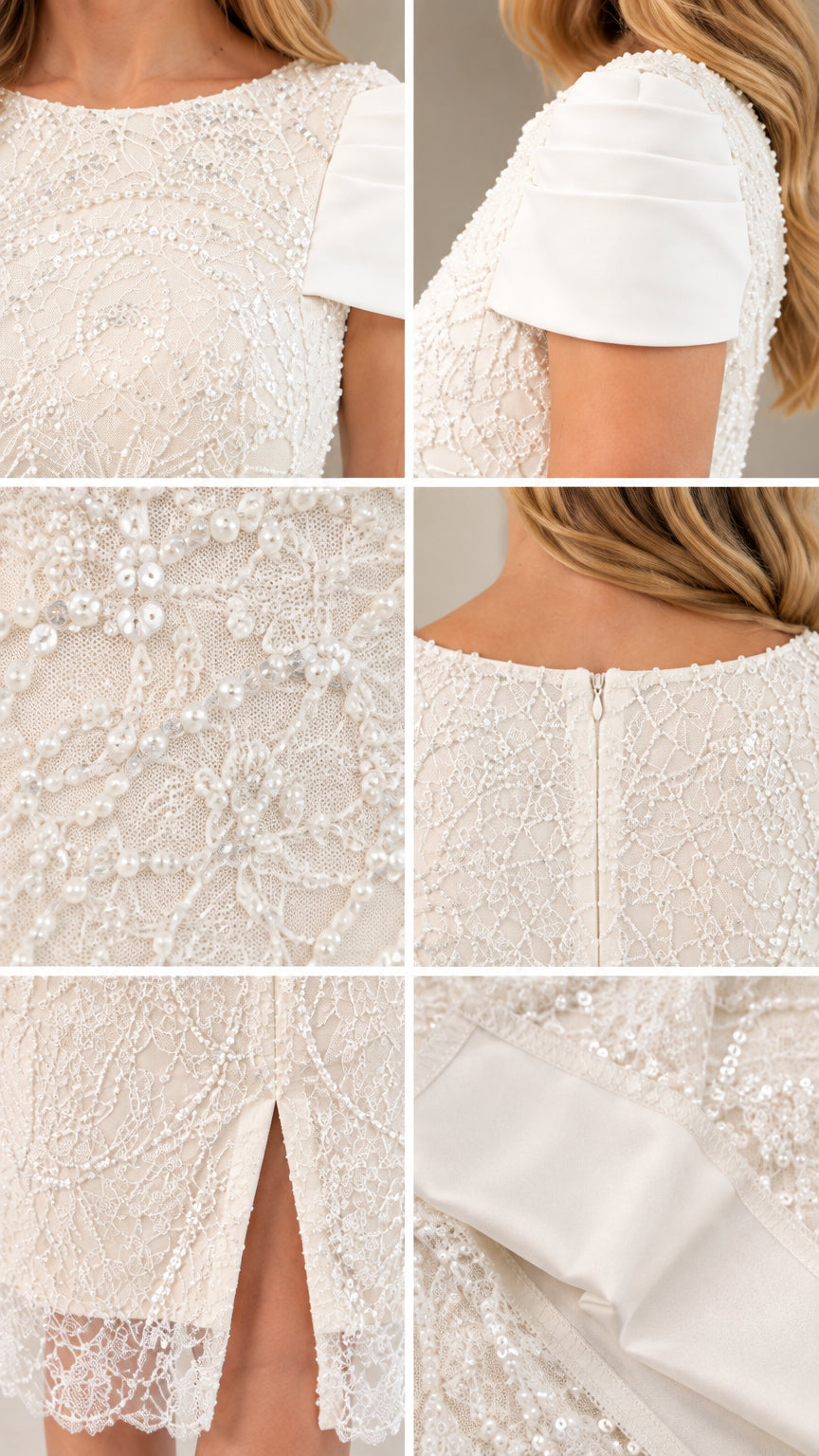 Close-up collage of Ivory dress showing intricate swirl beading, pearl accents, pleated cap sleeves, and zipper
