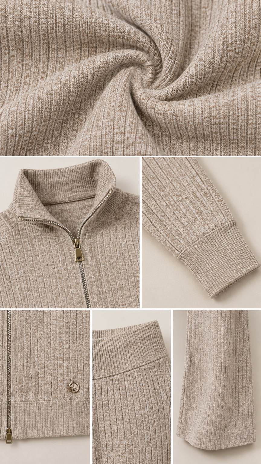 Detailed close-ups of Oatmeal Beige ribbed knit texture, collar zipper, cuffs, and hem