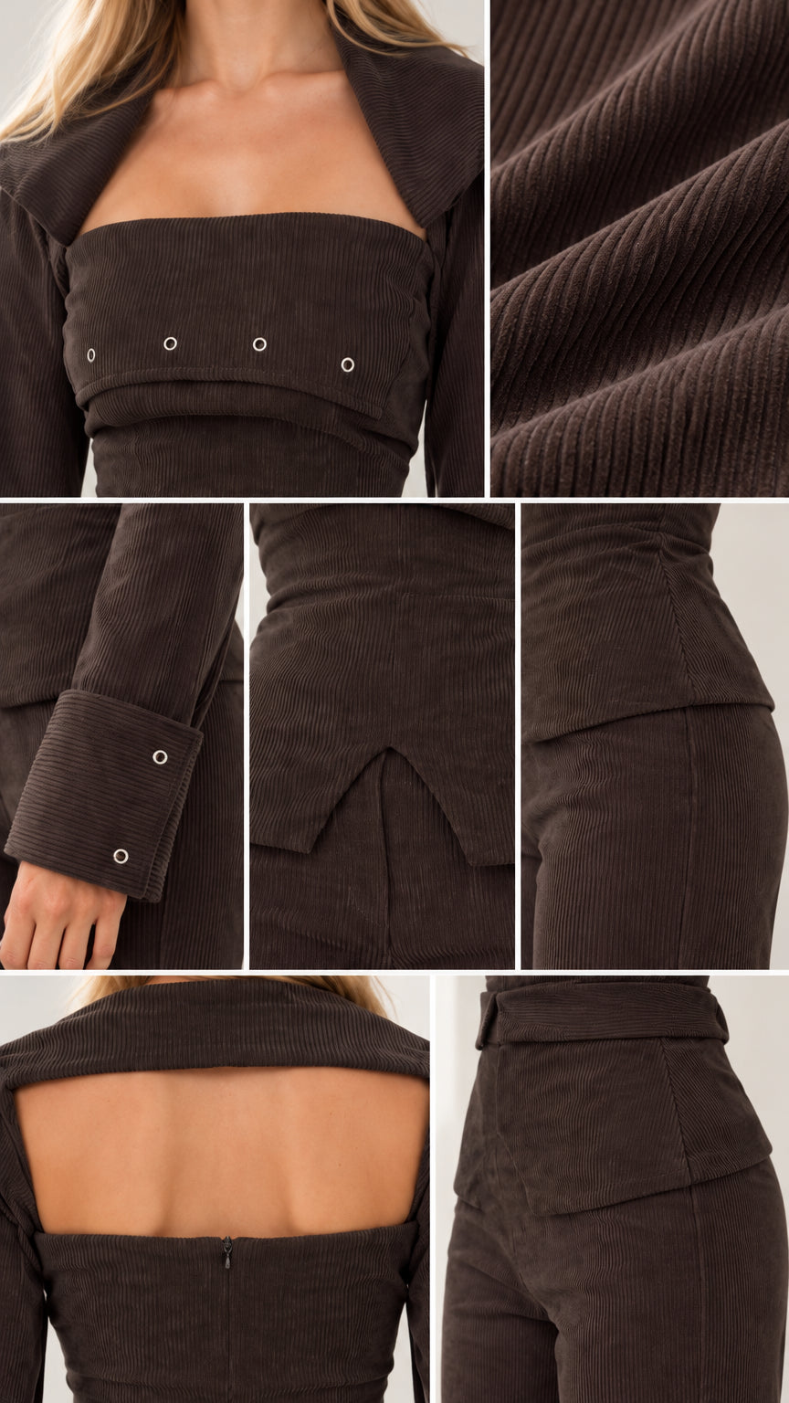 Close-up details of ribbed corduroy texture, grommets, and sleeve cuff buttons