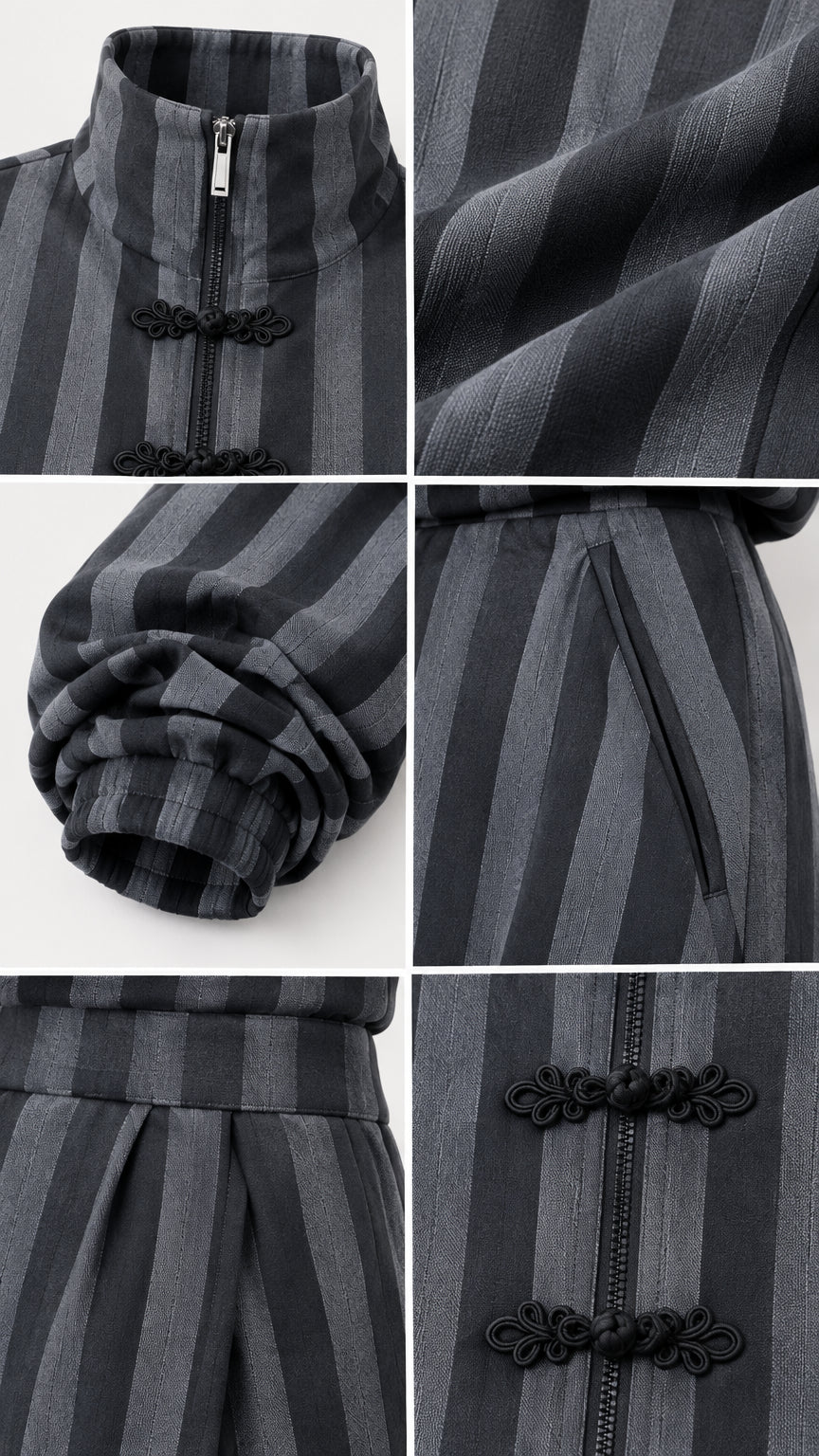 Close-up details of striped fabric texture, frog knot closures, zipper, and pocket