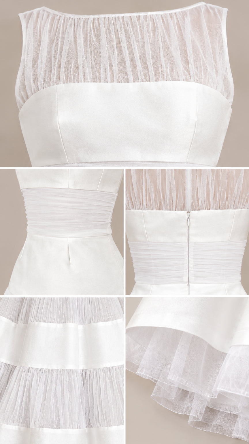 Detailed close-ups of neckline, waist ruching, zipper, and tiered hem textures