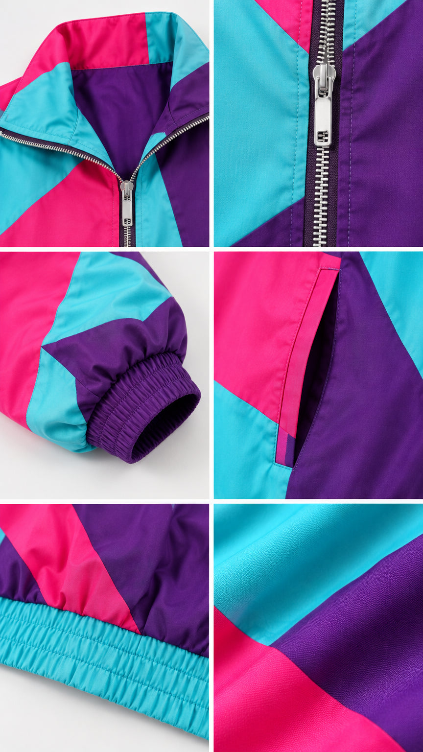Close-up details of collar zipper, cuff elastic, side pocket, and smooth fabric texture