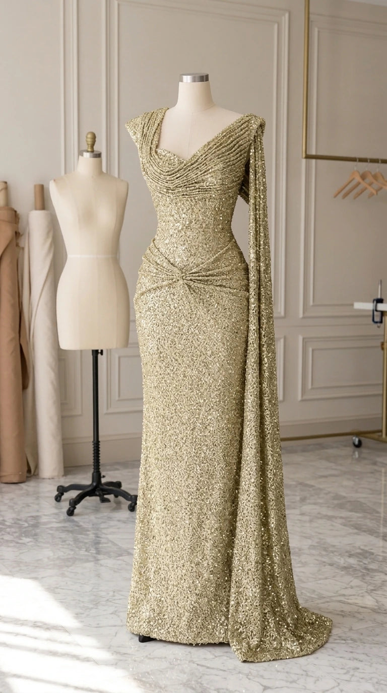 Mannequin display of gold sequin evening dress highlighting draped sash detail