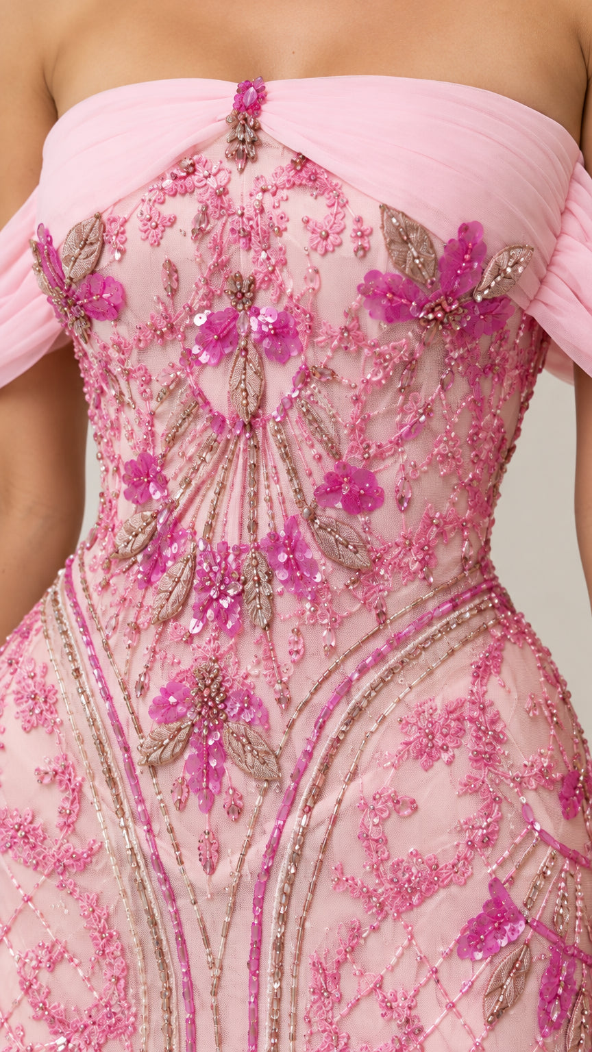 Close-up detail of floral beadwork and sequin embroidery on bodice