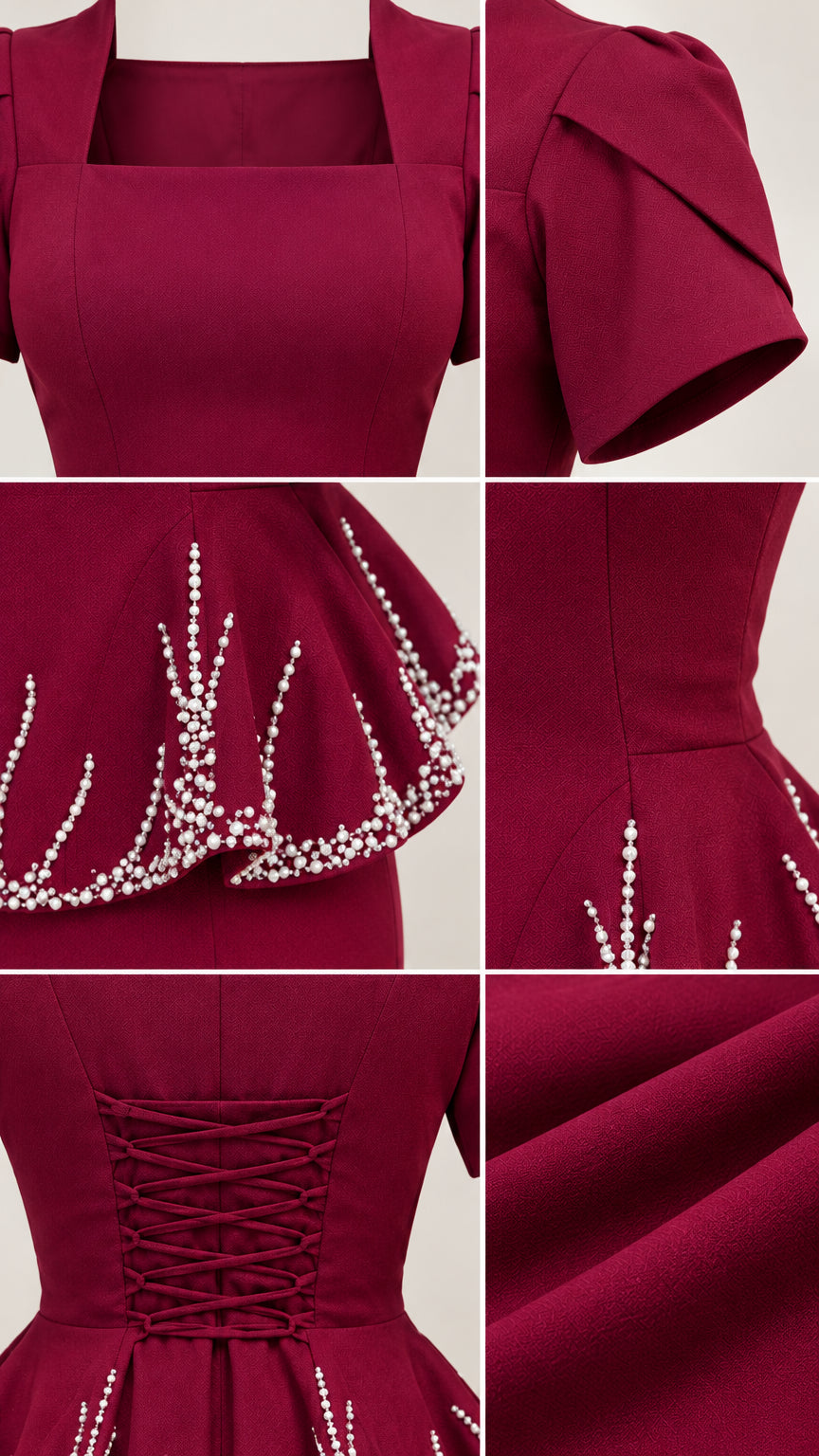 Close-up details of square neckline, petal sleeve, beaded waist overlay, and corset ties