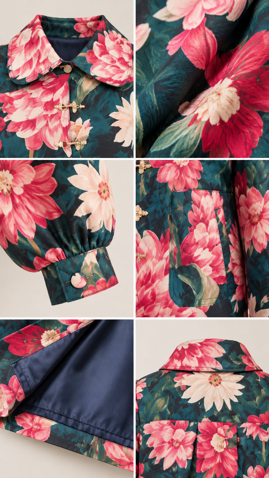 Collage of close-up details showing metallic front clasps, Peter Pan collar, cuffs, and lining
