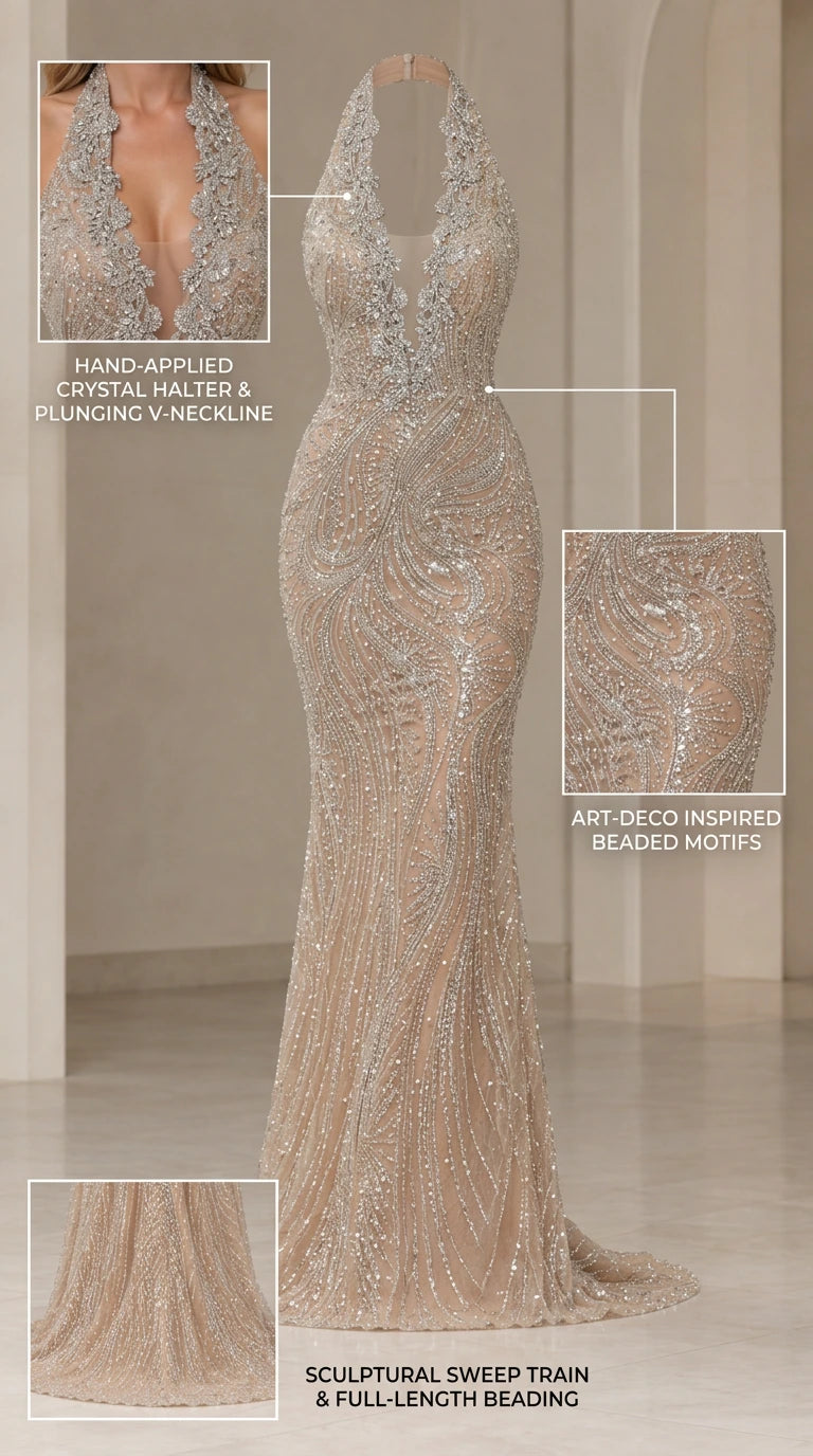 Product detail collage highlighting crystal halter, Art Deco beading, and sweep train