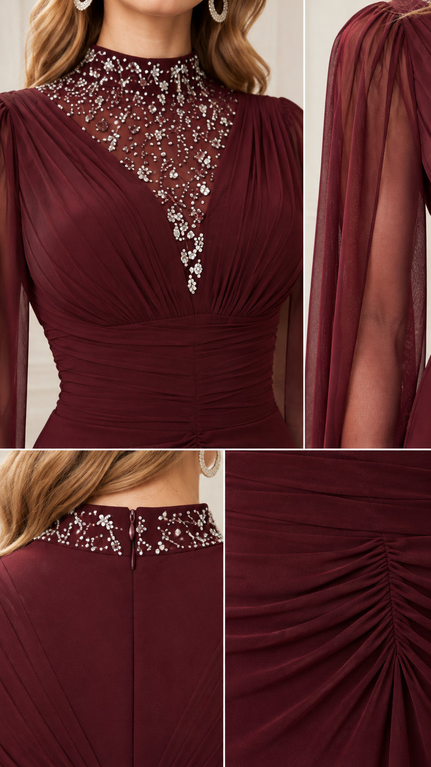Close-up details of sparkling rhinestone neckline and ruched waist on burgundy gown