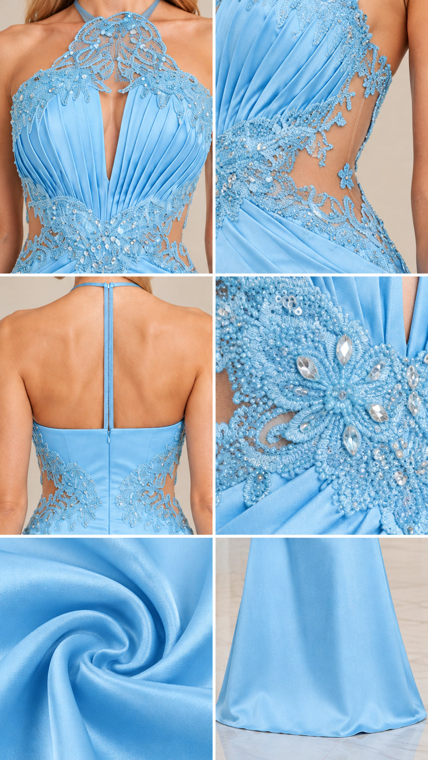 Detailed close-ups of beaded lace halter, pleated bodice, waist cutout, and satin fabric