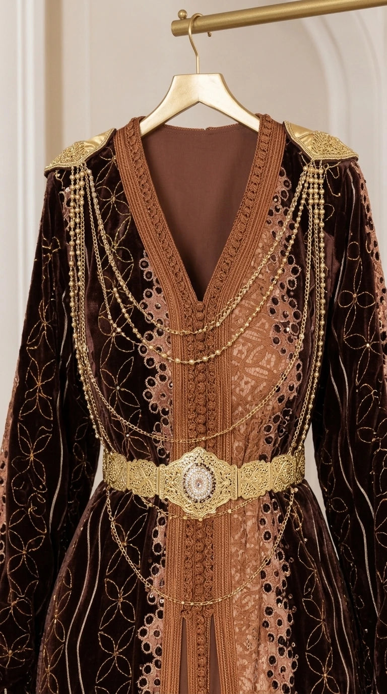 Close-up detail of brown kaftan neckline with gold shoulder chains and belt