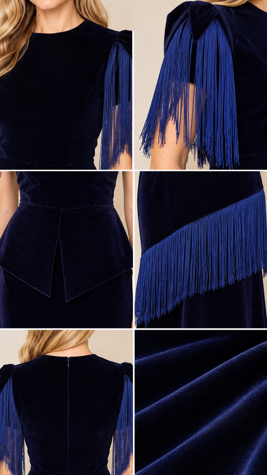 Detailed close-up collage of neckline, fringe sleeves, peplum, and velvet texture