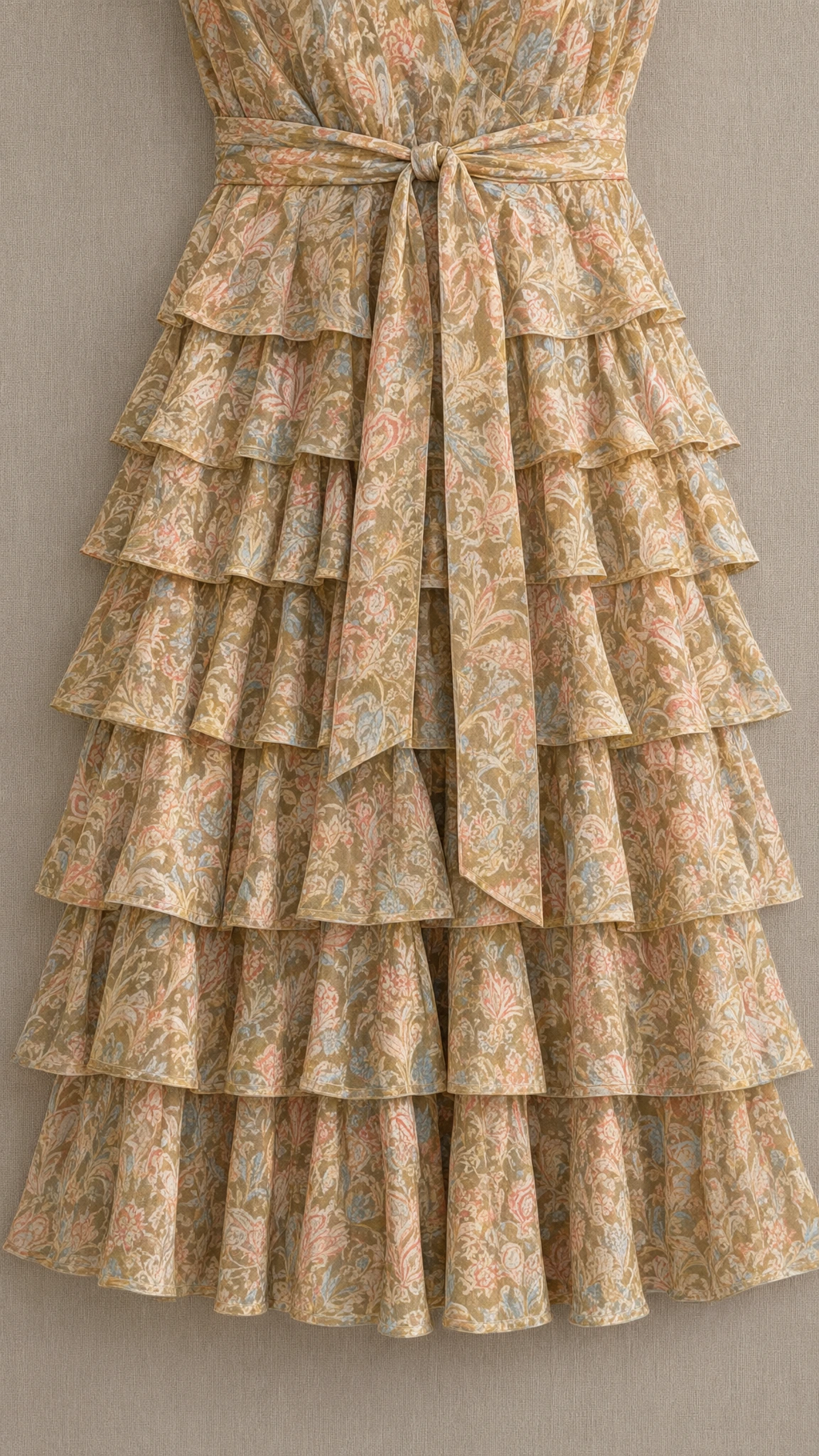 Detailed close-up of tiered ruffle skirt and tied sash belt on beige floral dress
