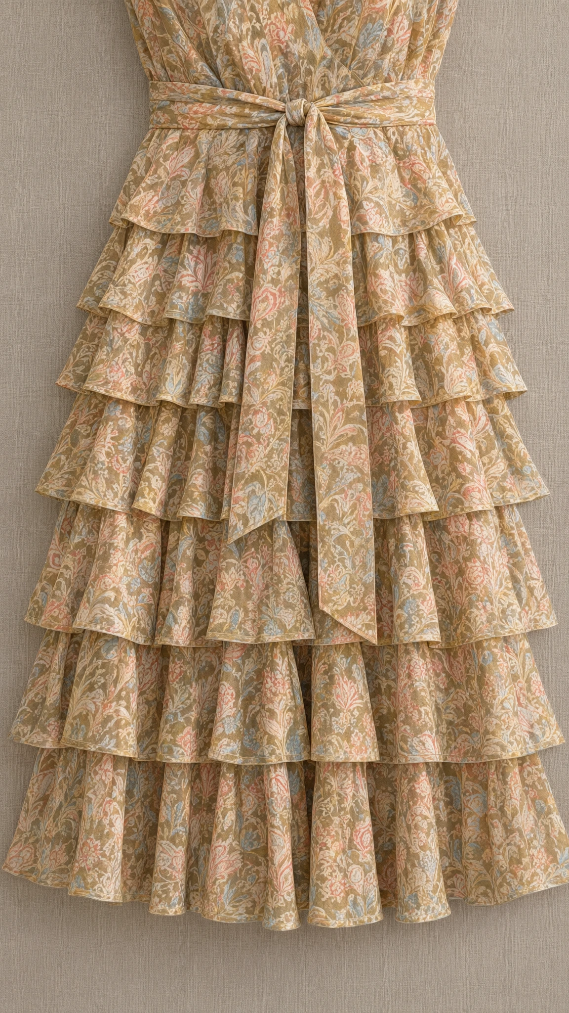 Detailed close-up of tiered ruffle skirt and tied sash belt on beige floral dress