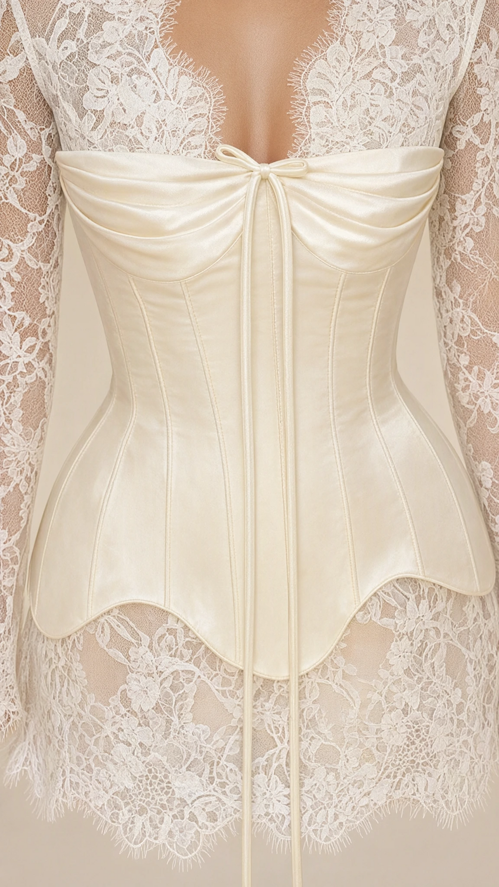 Close-up detail of ivory satin boned corset bodice with lace neckline and tie