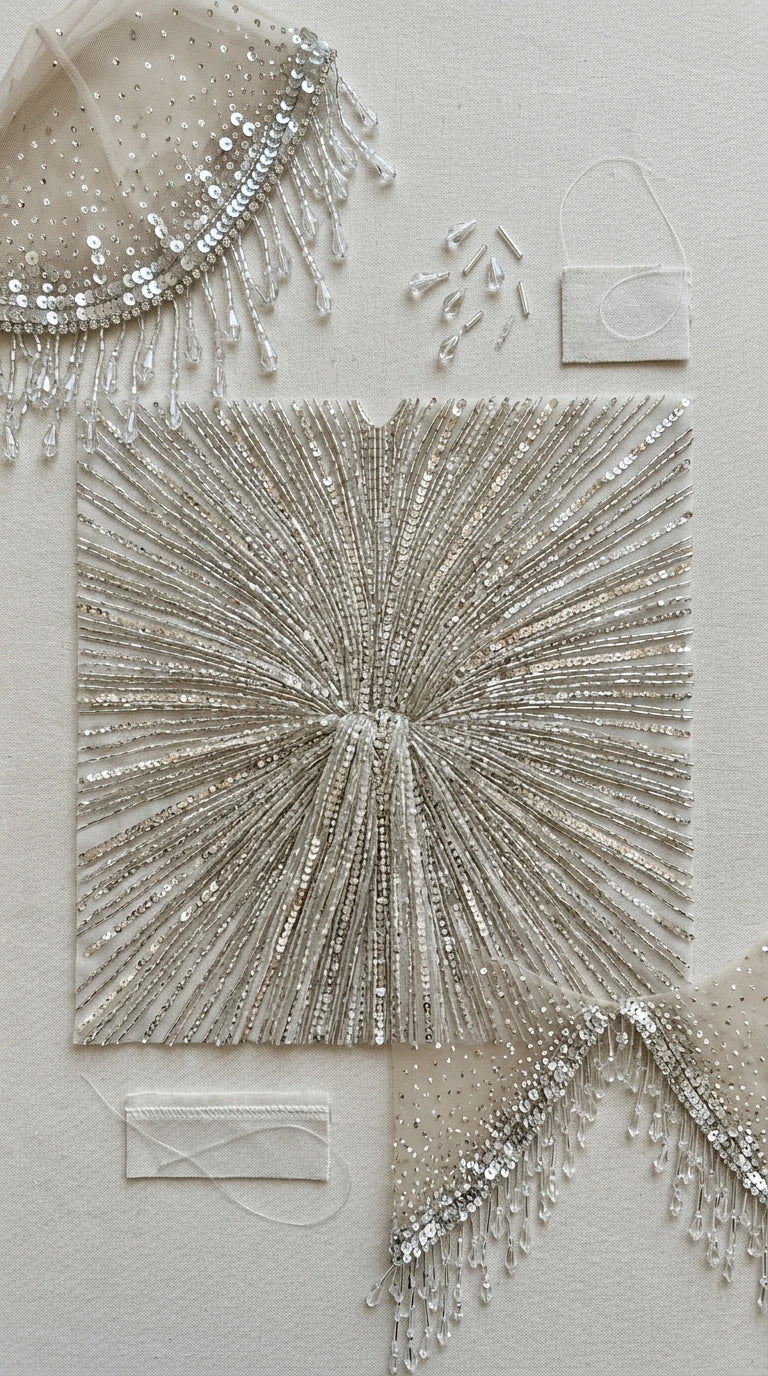 Close up detail of intricate sunburst beadwork, sequins, and crystal fringe trimming