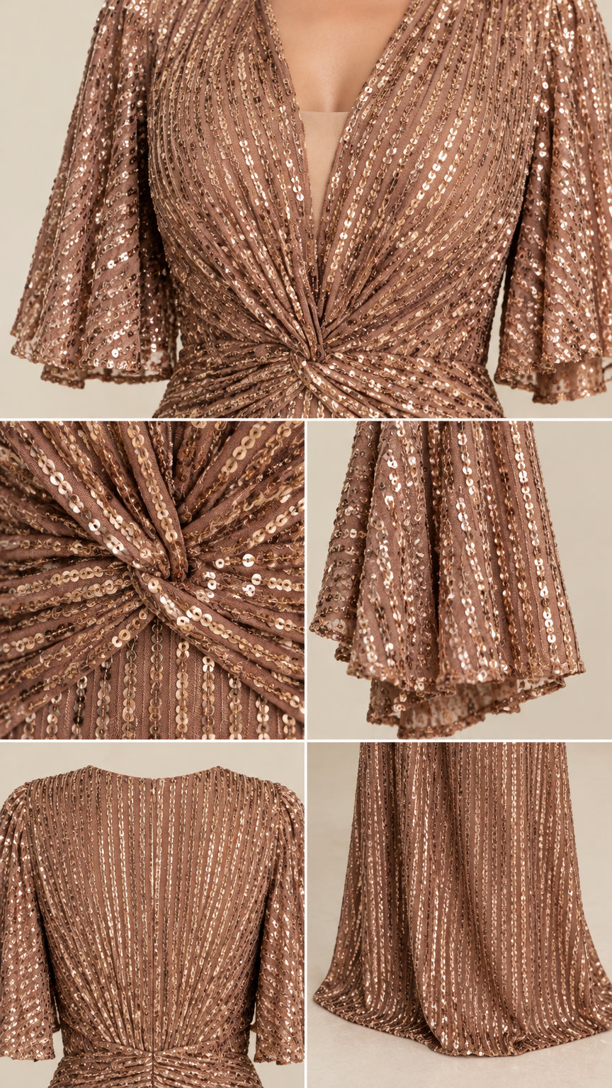 Close-up details of sequin embroidery, neckline mesh, and waist twist
