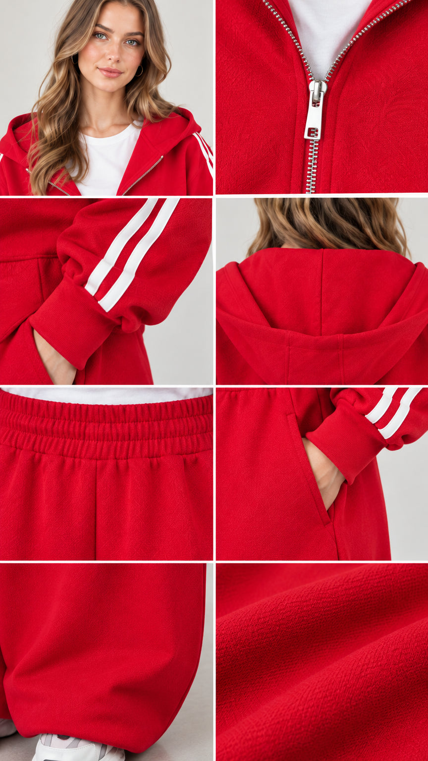 Close-up details of red tracksuit including zipper, cuff stripes, and fabric texture