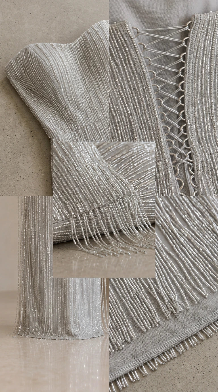 Detailed close-up of vertical beading, beaded fringe hem, and corset back lacing