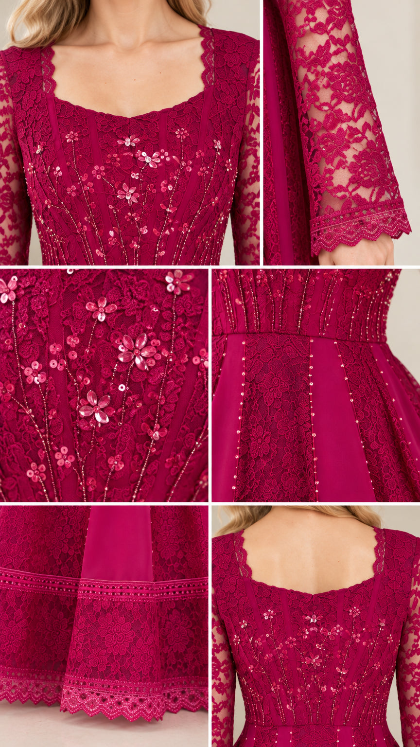 Close-up details of floral lace sleeves, sequin bodice, and scalloped hemline