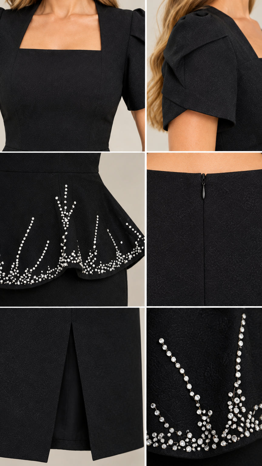 Close-up details of square neckline, cap sleeve, rhinestone peplum, and zipper