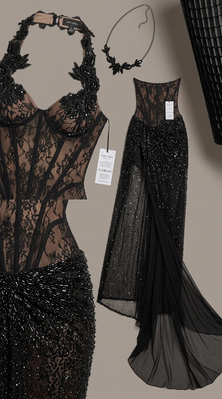 Detailed flat lay of black embellished corset top and beaded skirt
