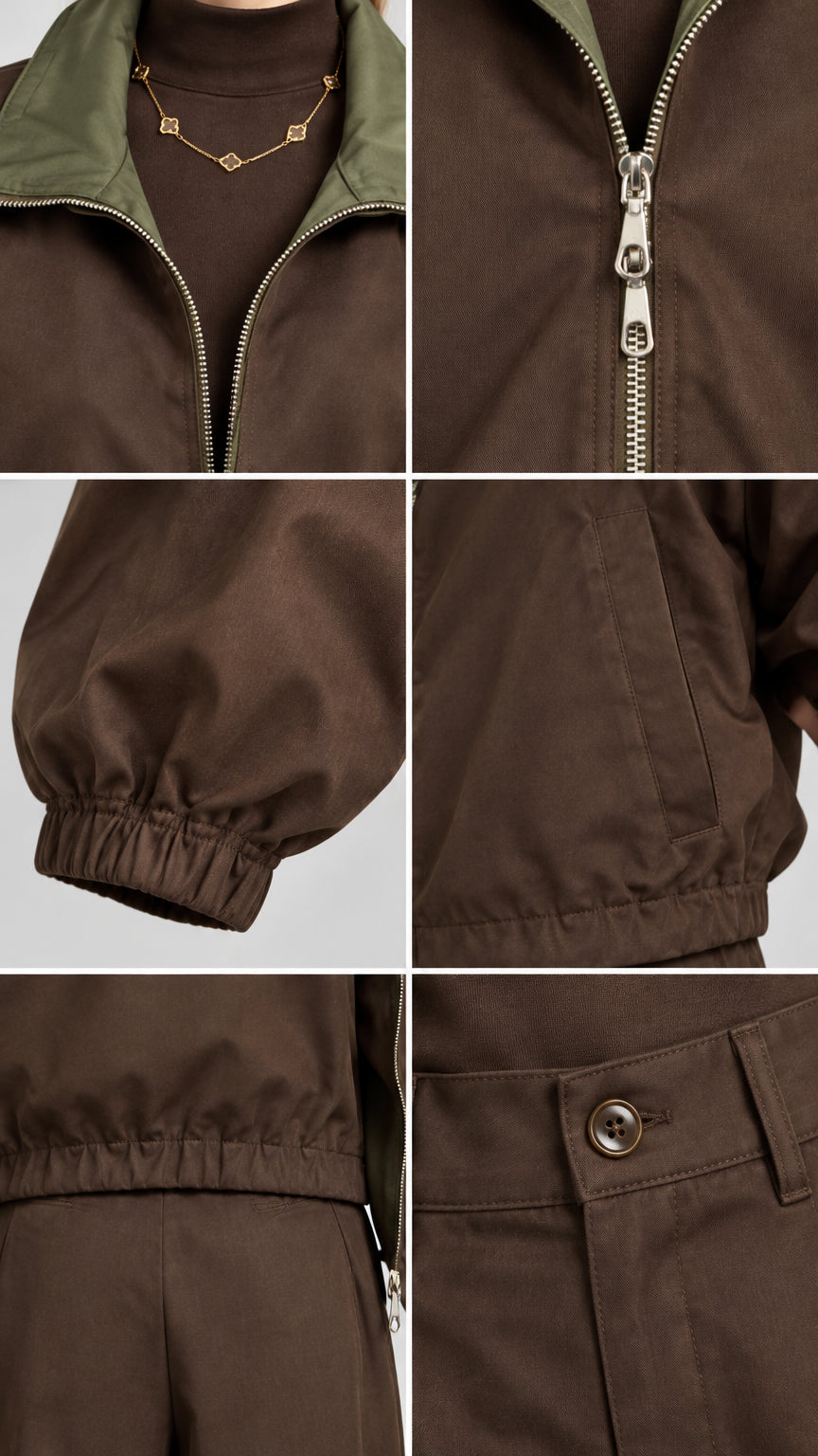 Detailed close-ups of collar, metal zipper, elastic cuff, side pocket, and waistband button